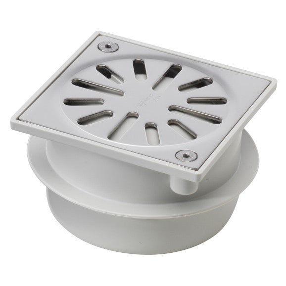 Aquaberg ABS vloerput met RVS rooster vastgeschroefd, met onderuitl. Ø50mm niet verstelbaar met PPC reukafsluiter en reukslot 37mm 100x100mm